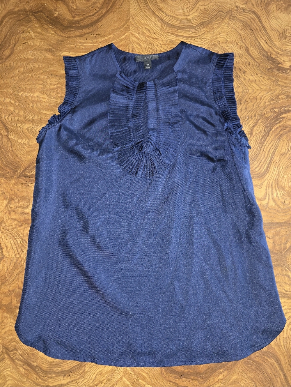 J.Crew 100% Silk Navy Blue Pleated Ruffle Sleeveless Blouse Womens Size 00